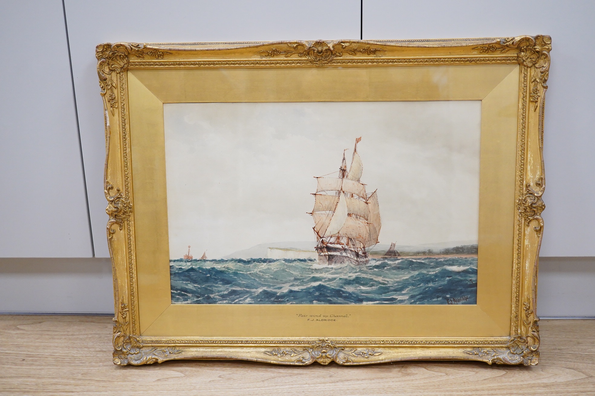 Frederick James Aldridge (1850-1933), watercolour, 'Fair wind up Channel', signed, 35 x 53cm, ornate gilt framed. Condition - fair to good